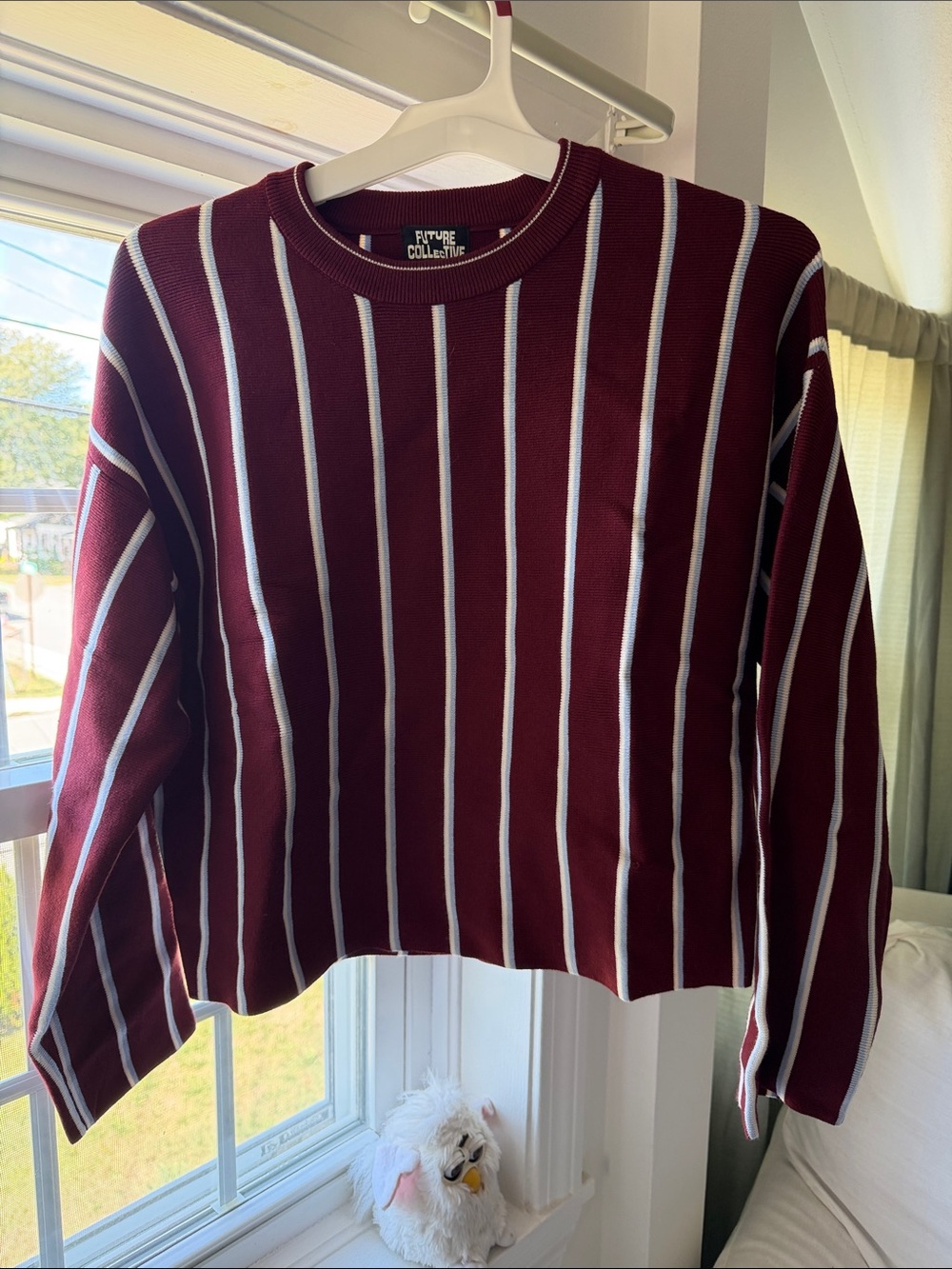 Future Collective Women's Burgundy Striped Crewneck Sweater